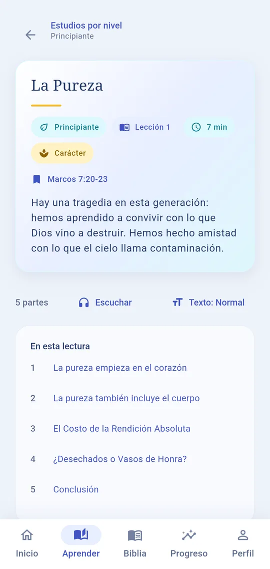 Estudio «La Pureza» del nivel principiante, con su índice de cinco partes.