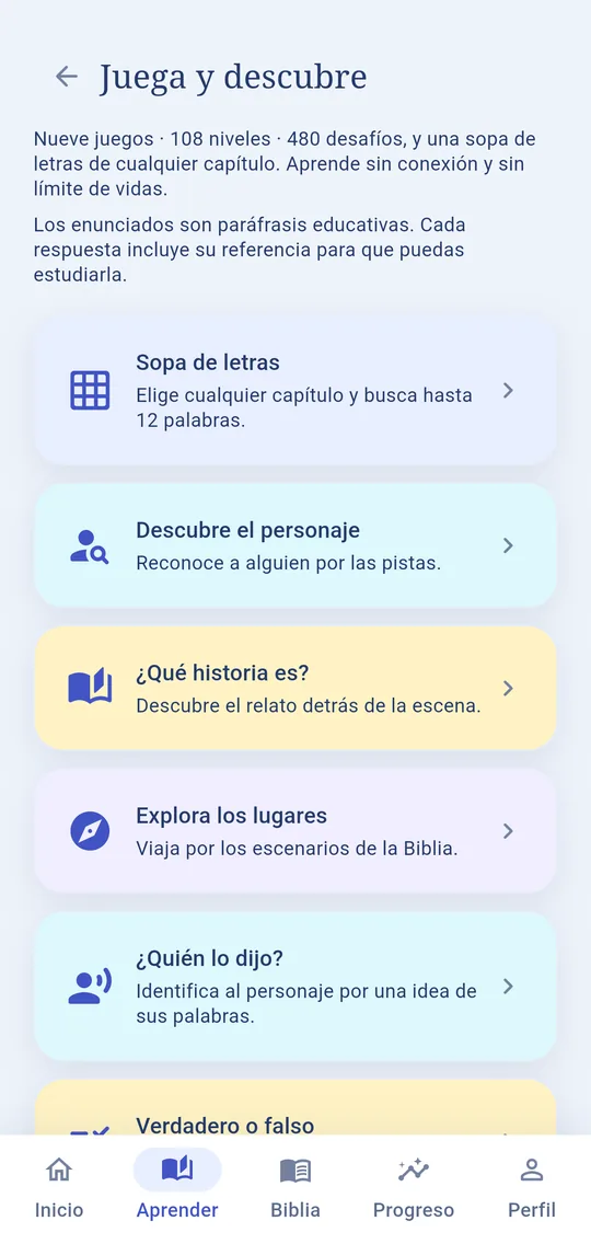 Menú Juega y descubre con la sopa de letras y los juegos de personajes, historias y lugares.