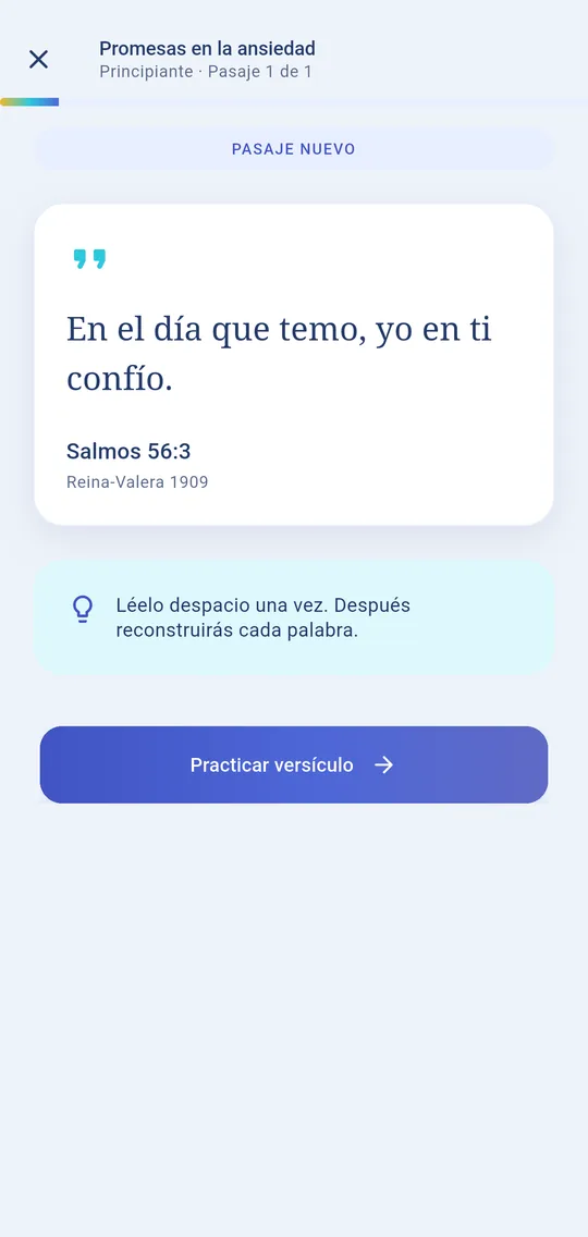Sesión de memorización con el versículo Salmos 56:3 y el botón Practicar versículo.