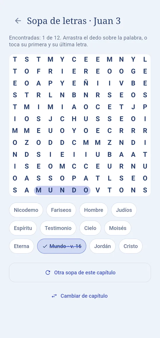 Sopa de letras de Juan 3 con la palabra MUNDO encontrada en el versículo 16.